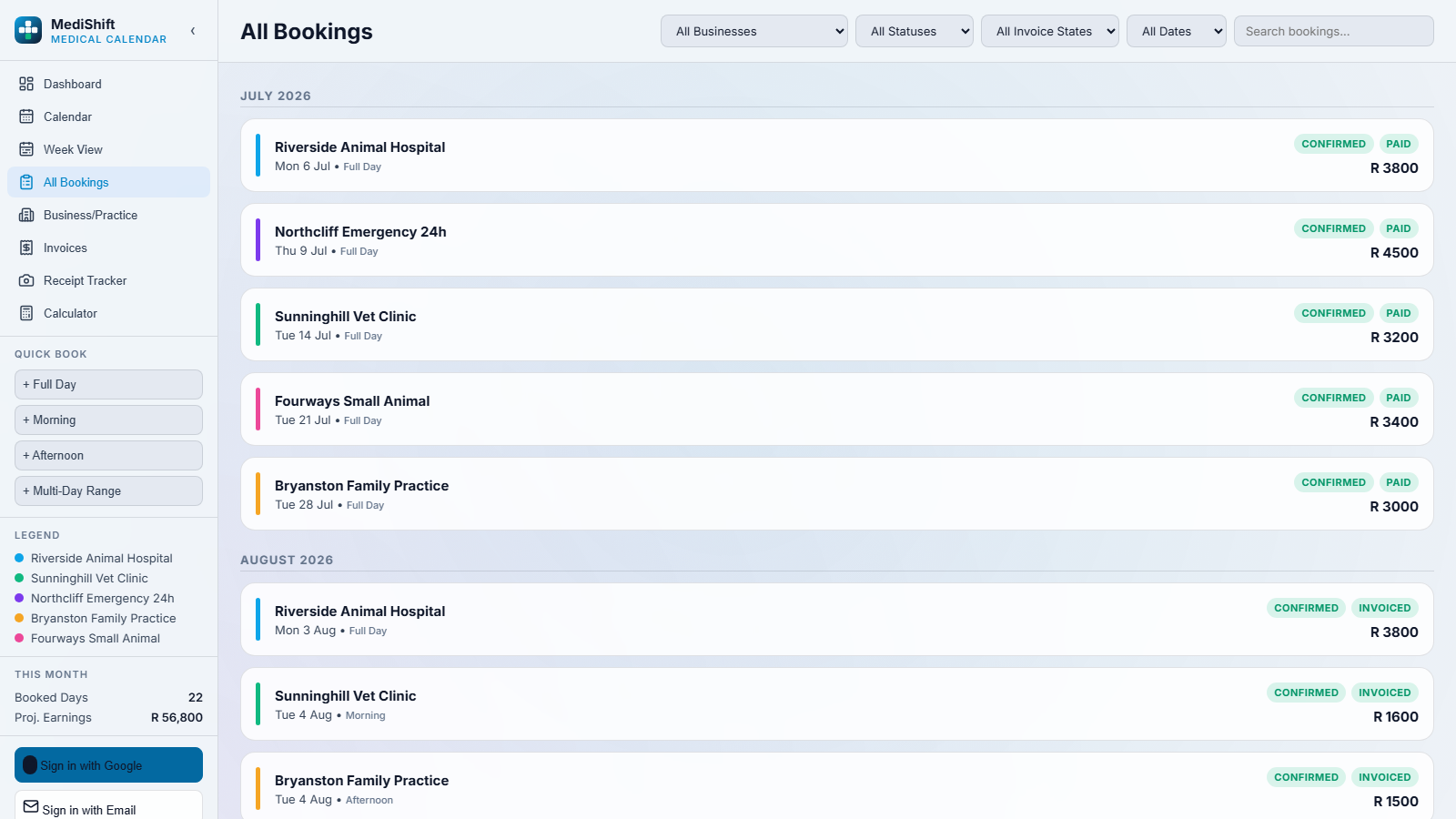 All bookings list grouped by month with filters for business, status, invoice state and date range