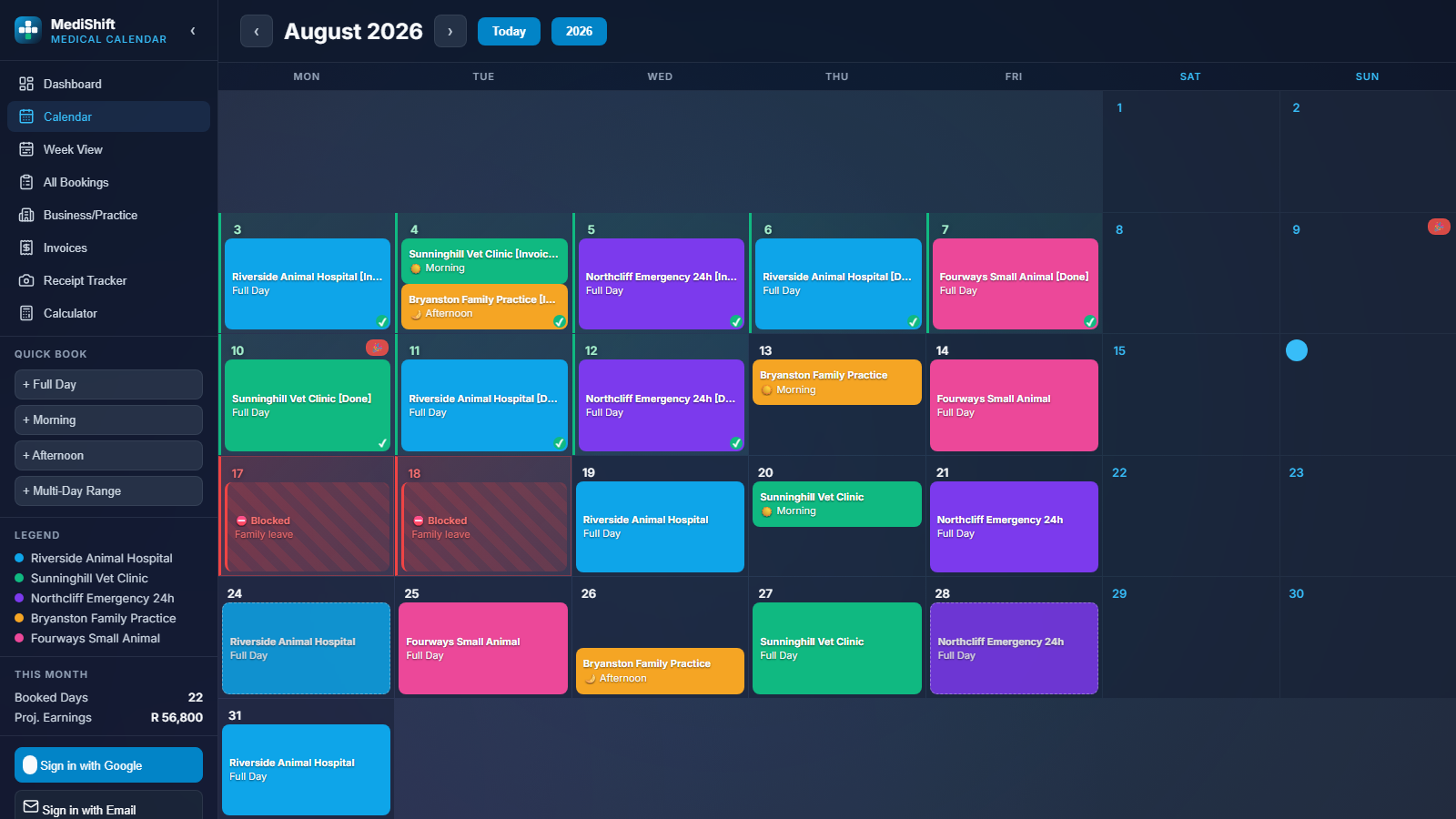 Month calendar showing shifts colour-coded by business, with blocked-off personal days and completed shifts ticked