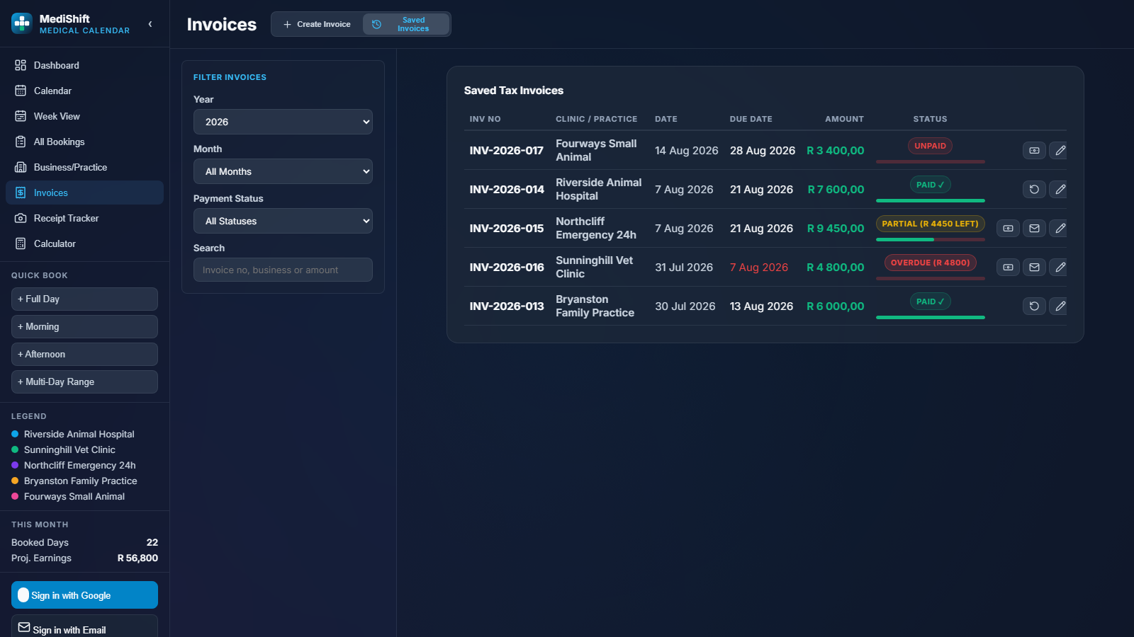 Saved invoices list showing paid, partially paid, unpaid and overdue statuses, each with a balance bar