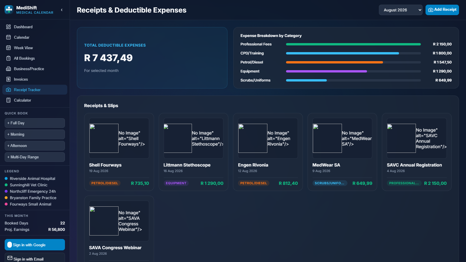 Receipt tracker showing deductible expenses grouped by category with running totals