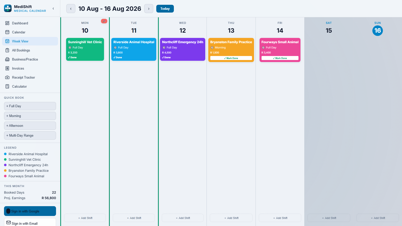 Week view with a shift card for each day showing the business, day part and rate, and a Mark Done action
