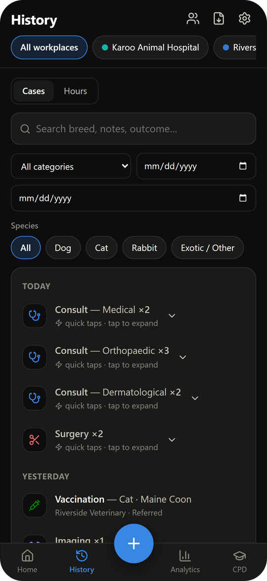 Searchable case history with species filters