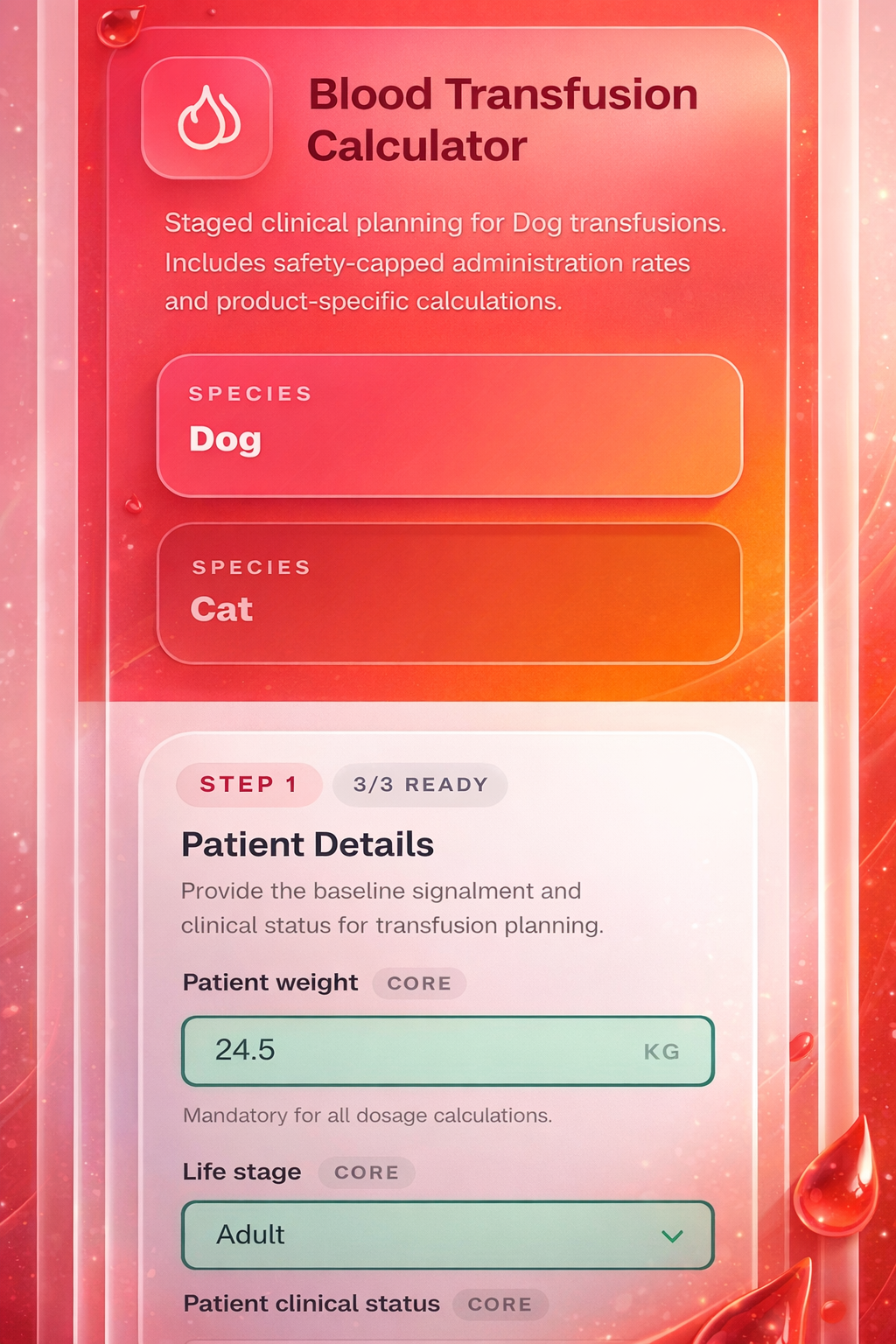 Blood Transfusion Calculator with step-by-step guidance